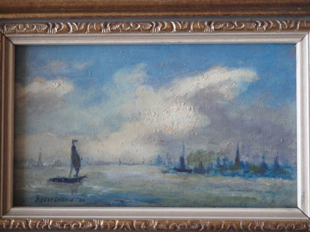 Johannes (Jan) Heesterman, olieverf op paneel, varend bootje met zicht op stadje kopen? Bied vanaf 85!