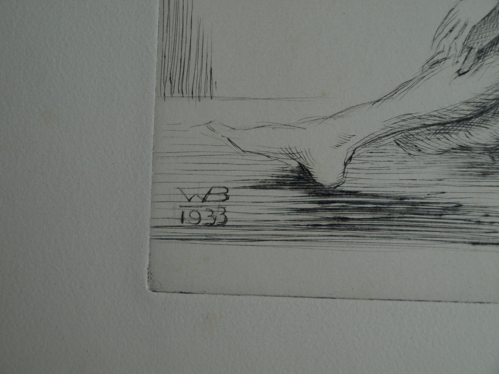 Gesigneerd: WB : Ets , Naakte vrouw op de grond - 1933 kopen? Bied vanaf 1!