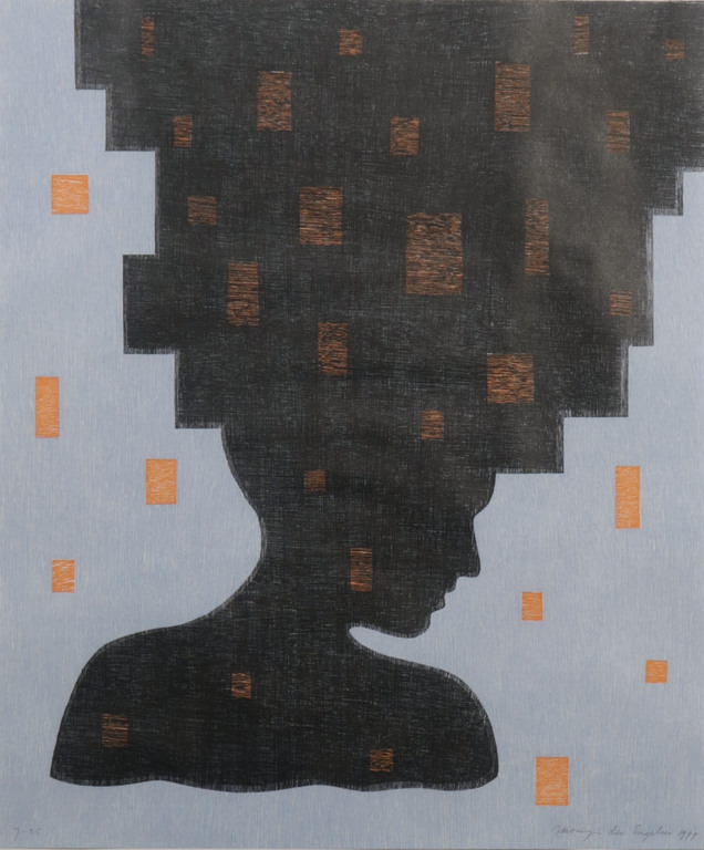 Jacomijn den Engelsen: Houtsnede, Afro (blauw) - Ingelijst kopen? Bied vanaf 35!