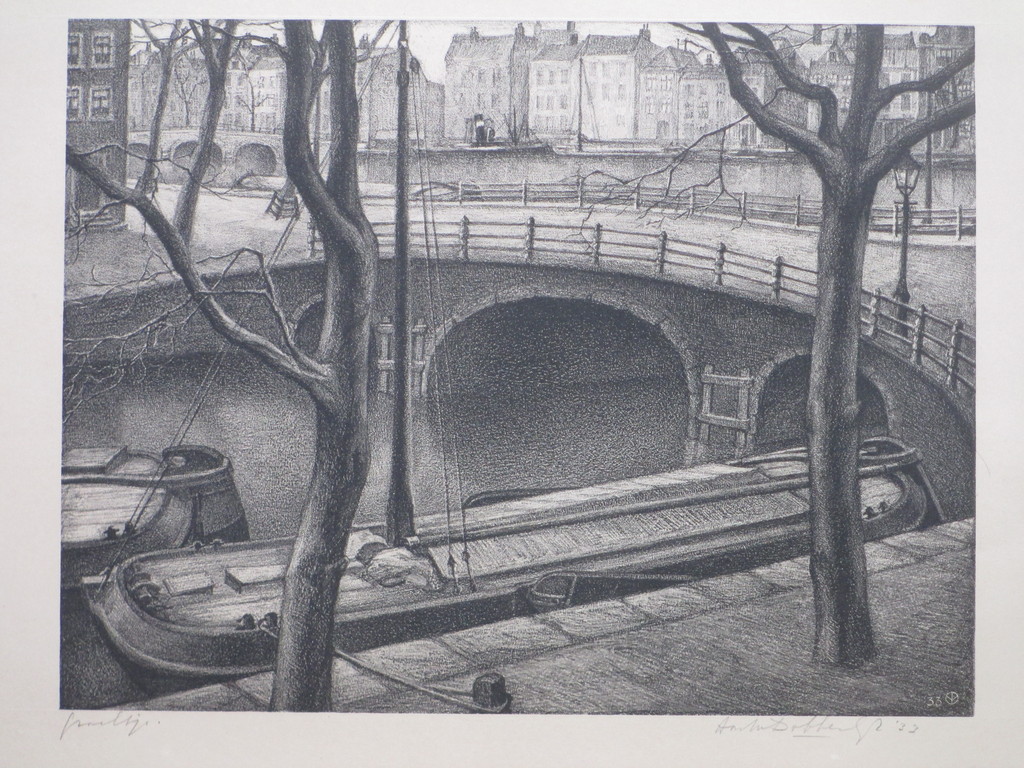 Aart van Dobbenburgh, Grachtje Amsterdam, Litho 1933 kopen? Bied vanaf 45!