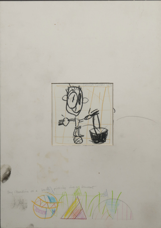 David Spiller: Potloodtekening, Boy standing on a ball pissing in a  - Ingelijst kopen? Bied vanaf 100!