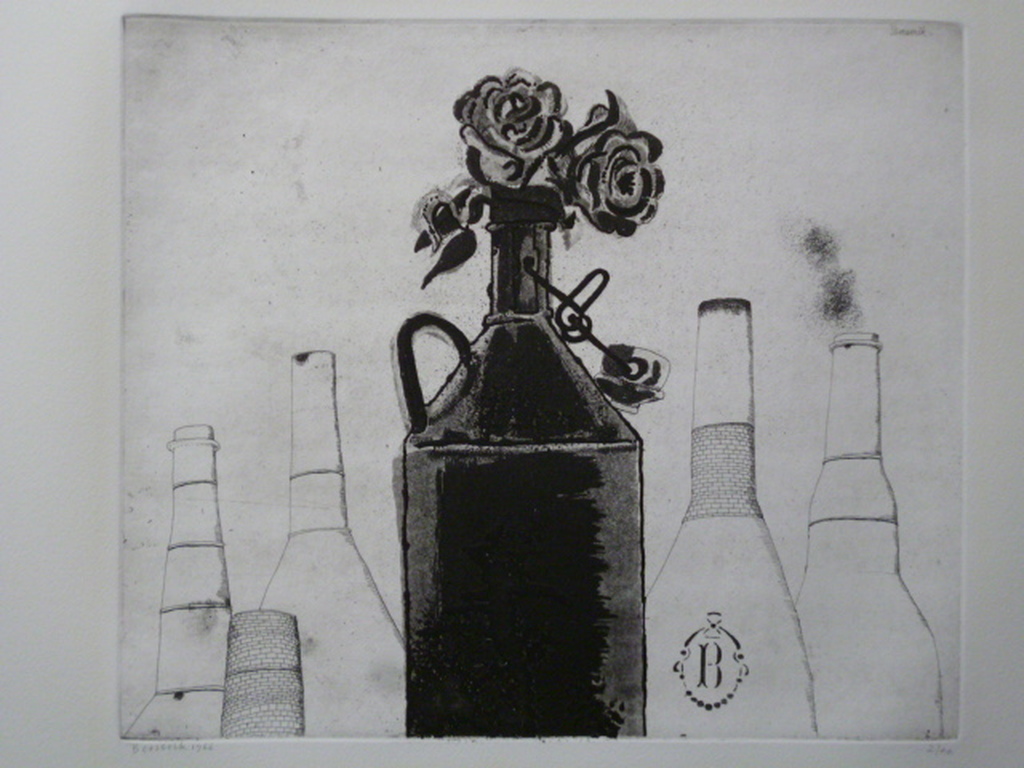 Herman Berserik - ets - Schoorstenen en beugelfles met rozen verkocht voor € 60!