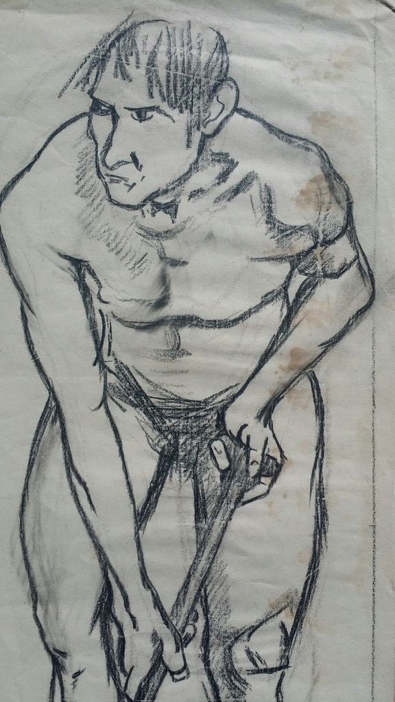 Onbekend. Tekening. Man met schep. kopen? Bied vanaf 5!