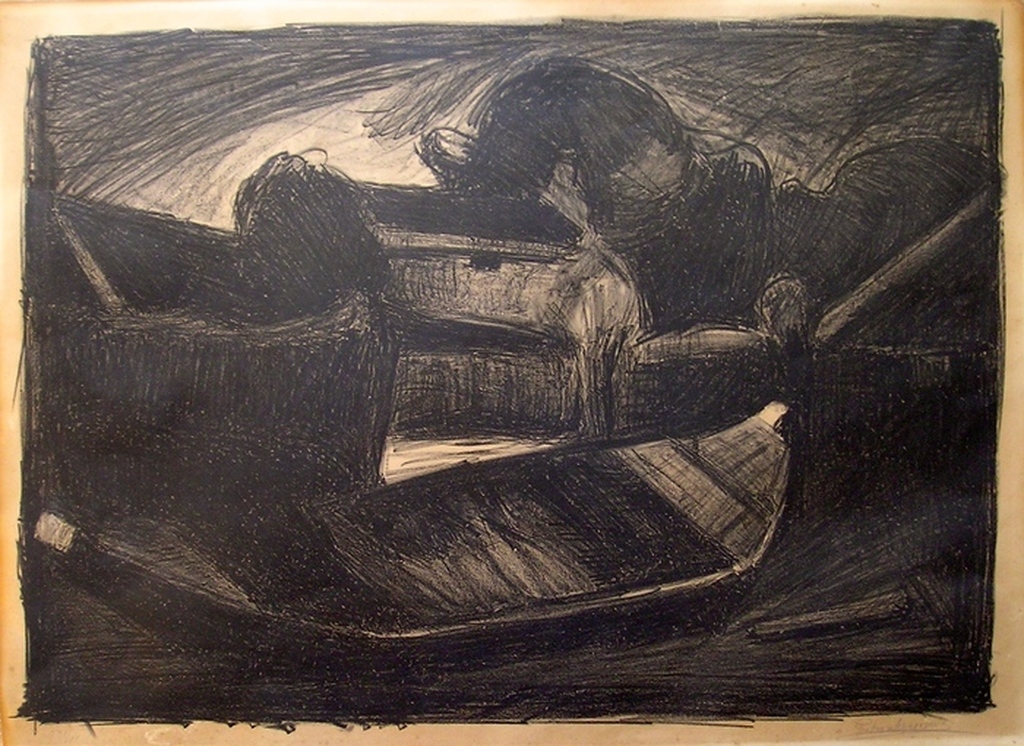 Praam in Landschap - Litho - Piet van Wijngaerdt verkocht voor € 70!