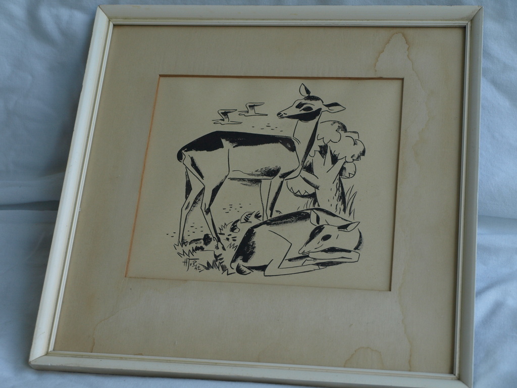 Initialen H. J. v. P. : Tekening? Litho? - 2 Herten – gesigneerd - 1942  kopen? Bied vanaf 1!