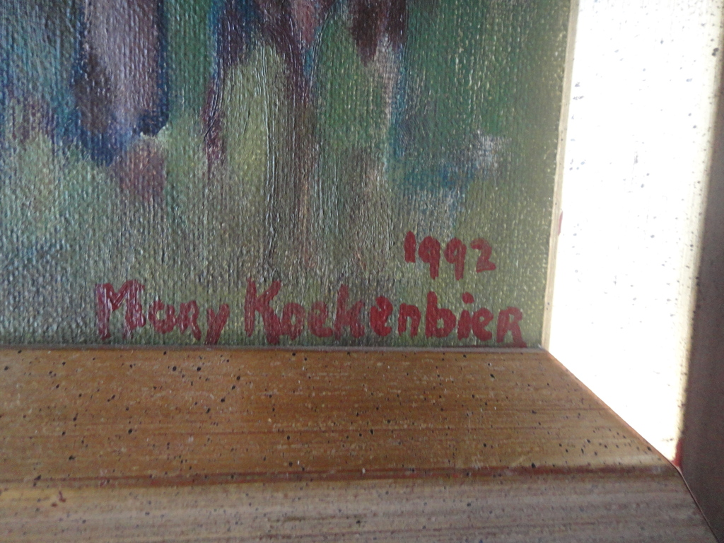 Mary Koekenbier (1942) - olieverf op doek - twee roodbonte koeien in de wei kopen? Bied vanaf 1!