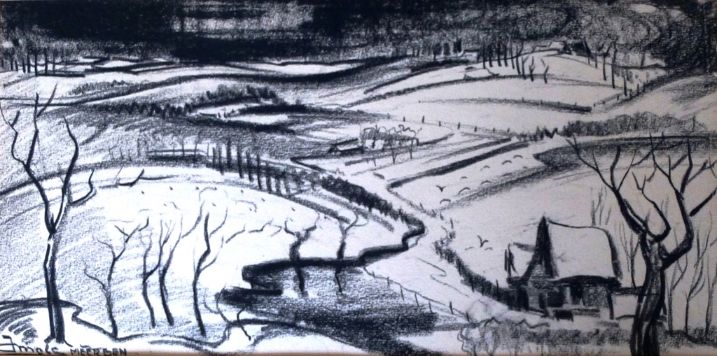 Jacques Mels, houtskooltekening: Meersen, handgesigneerd verkocht voor € 85!