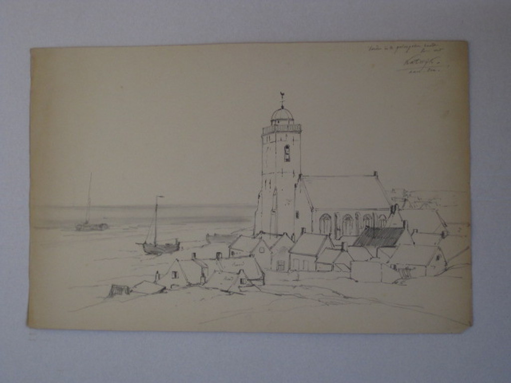 Antieke potloodtekening "strand Katwijk Andreaskerk"  George L Kiers (1838-1916) kopen? Bied vanaf 1!