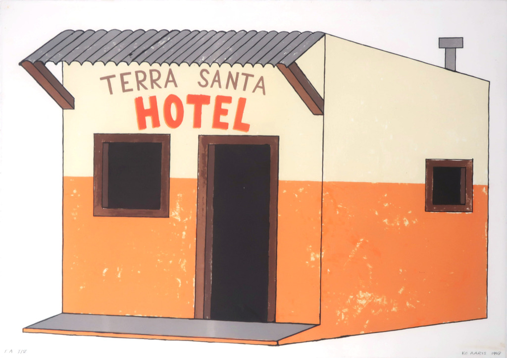 Ko Aarts: Zeefdruk, Terra Santa hotel - Ingelijst kopen? Bied vanaf 40!
