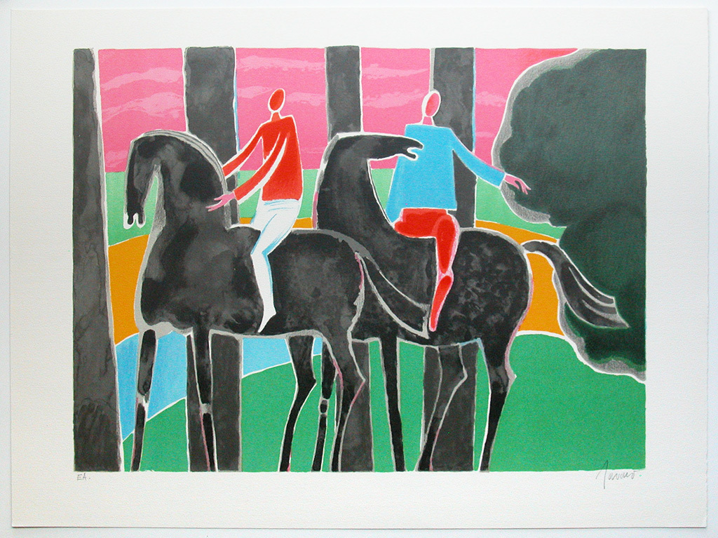 Albert Zavaro, ‘Cavaliers en foret’, kleurenlitho, gesigneerd, ed. 170 kopen? Bied vanaf 75!