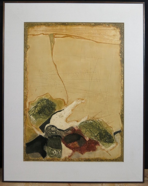 Ru van Rossem: Ets en Reliefdruk op paneel, Gestold leven (rode zee) - Ingelijst kopen? Bied vanaf 80!