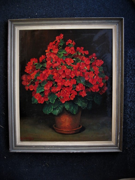 Prachtig GROOT gesigneerd "Grootveld 1949" stilleven van rode potplant Begonia?  verkocht voor € 36!