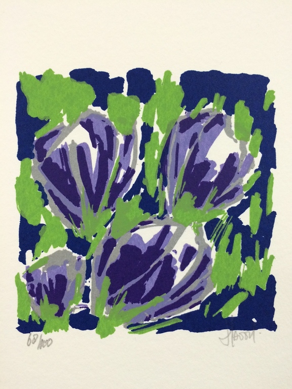 Ad van Hassel, zeefdruk op papier, titel: Tulpen kopen? Bied vanaf 1!