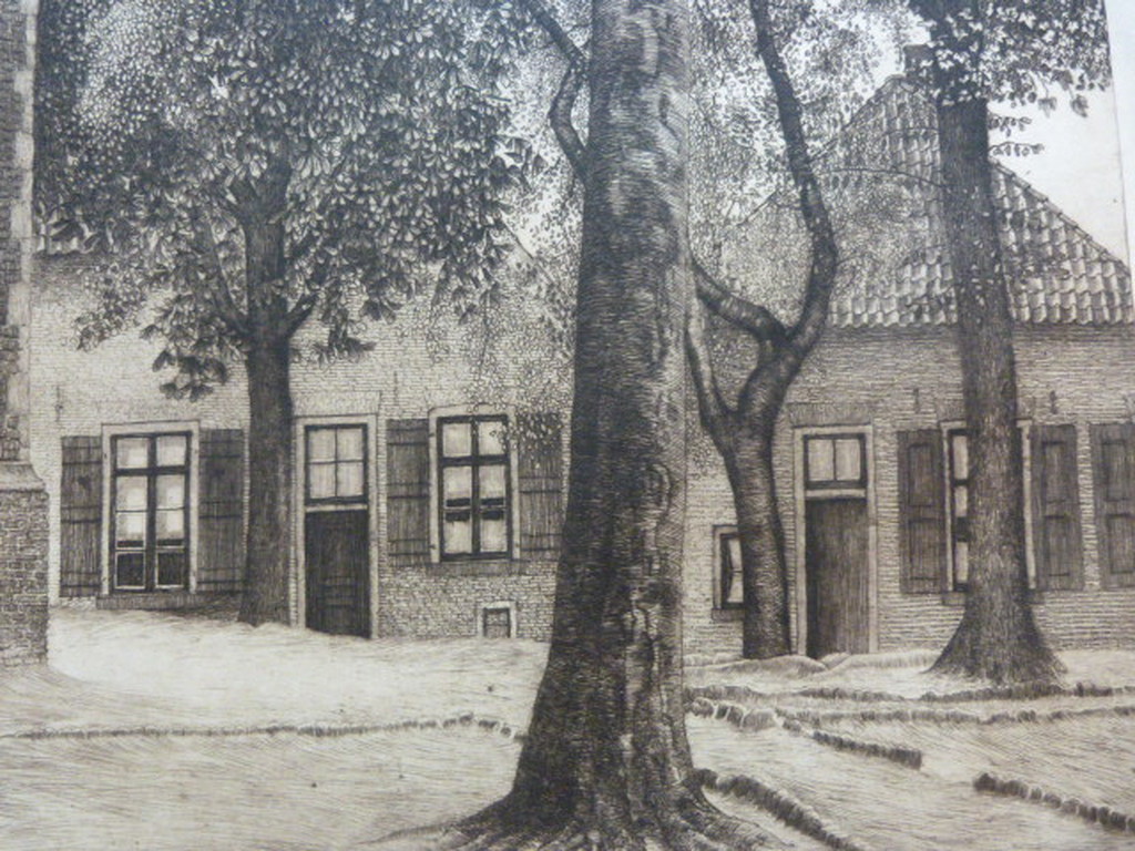 Albert Hemelman  -  ets  -  dorpsplein bij de kerk. kopen? Bied vanaf 1!