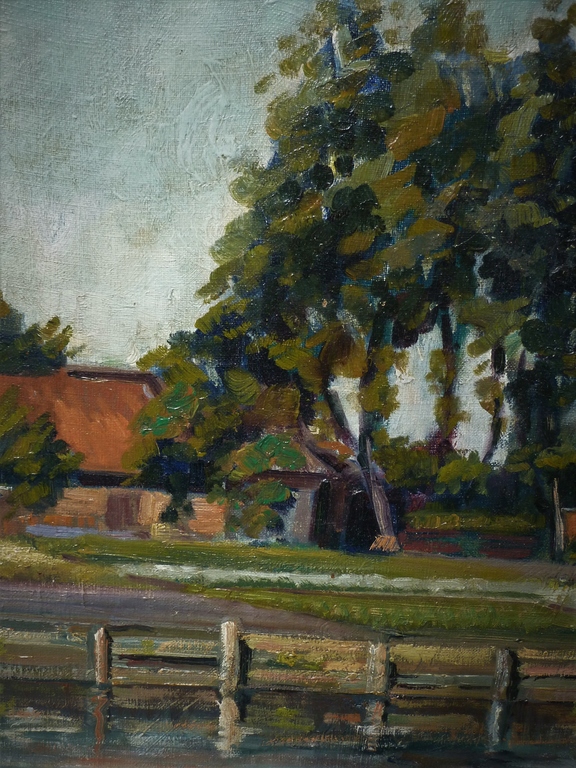 Boerderijen aan het water. Olieverf op paneel. kopen? Bied vanaf 60!