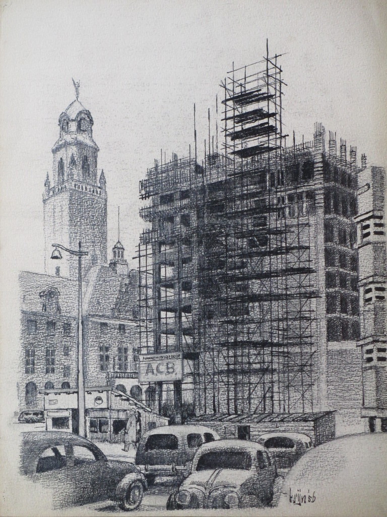 Krijn van Dijke, Nieuwbouw Coolsingel Rotterdam, Lijntekening 1956 kopen? Bied vanaf 40!
