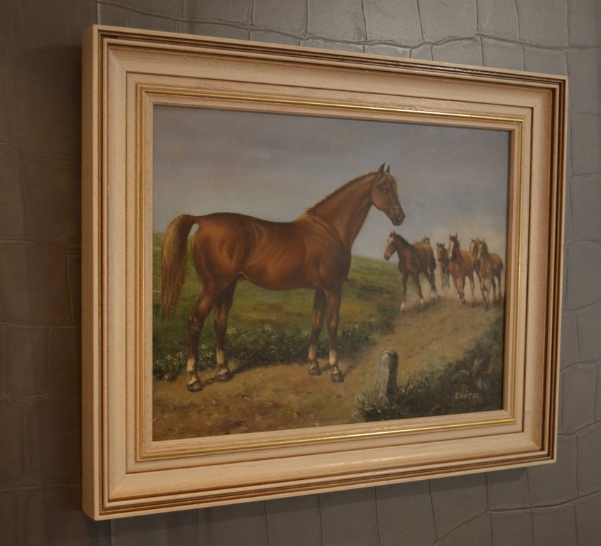 Hongaarse school: olieverf op paneel, paarden kopen? Bied vanaf 1!