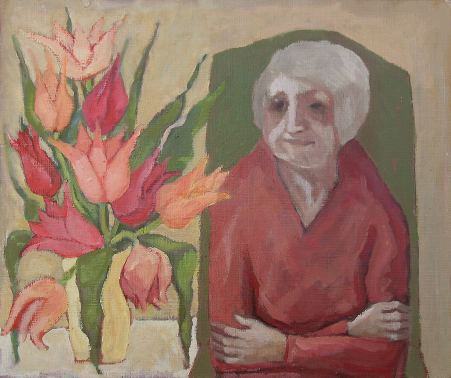 Vrouw en vaas met tulpen - olieverf op schilderkarton - Irene Joffroy verkocht voor € 69!