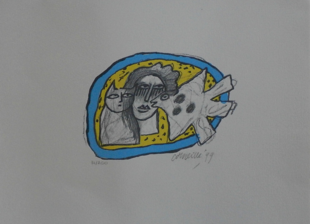 Corneille - zeefdruk: Chat, Femme et Oiseau - 1999 verkocht voor € 99!