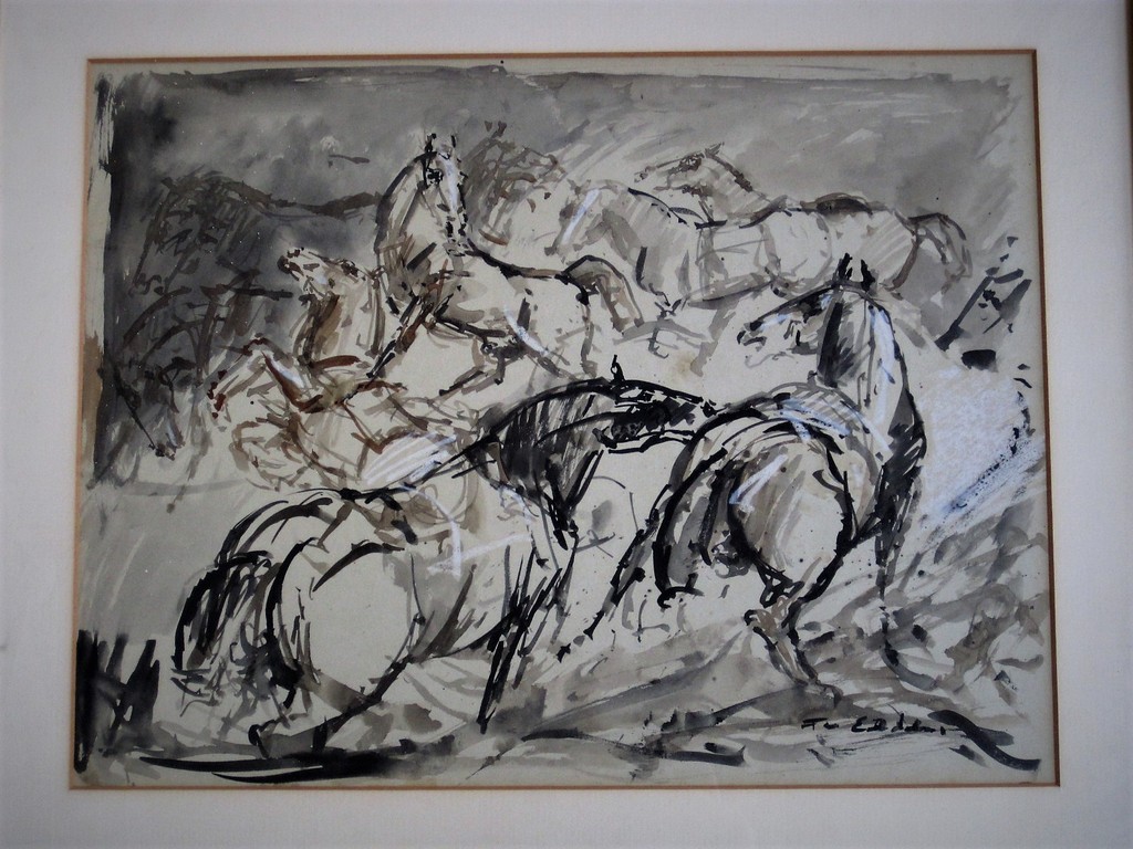 Mooie dynamische Gouache/Inkt "vluchtende paarden" gesigneerd Frits van Eeden verkocht voor € 90!