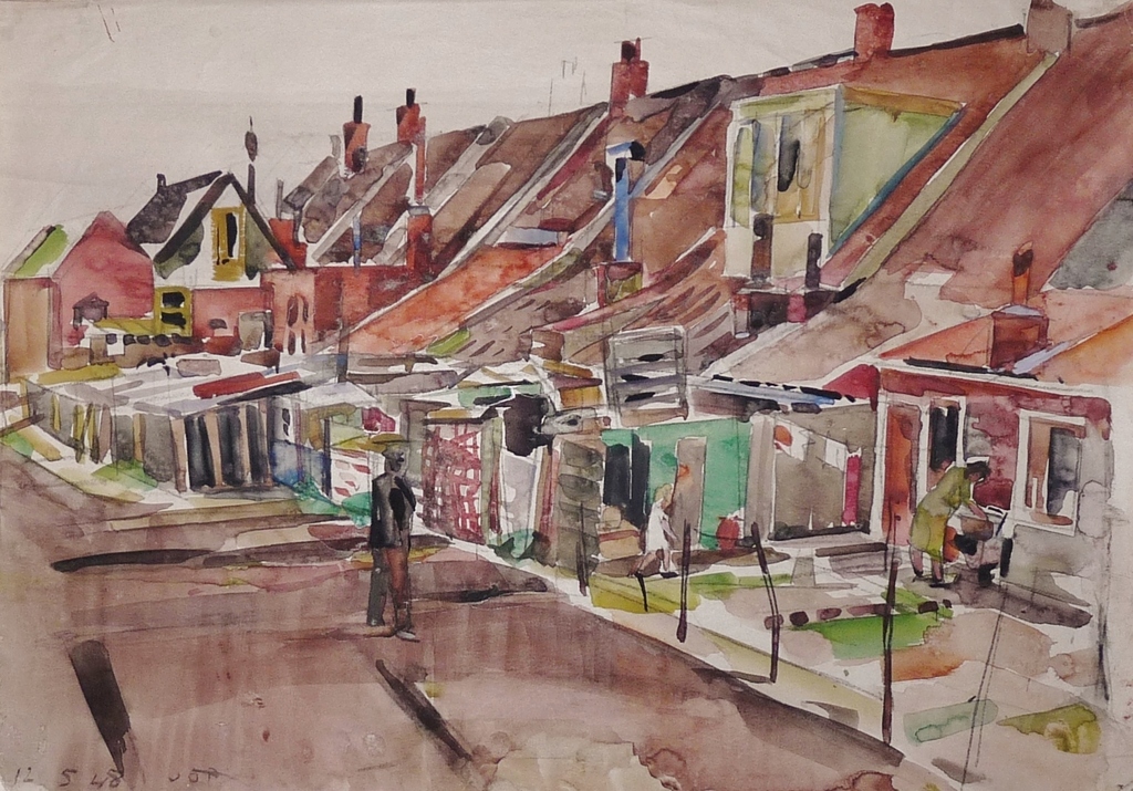Jan Gerrit Jordens: Aquarel, Huizen met achterplaatsjes verkocht voor € 300!
