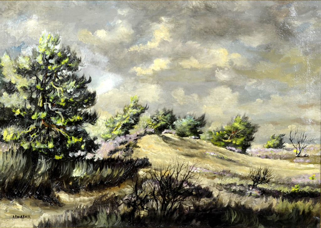 Adèle Koekkoek (1838 - 1919) - Landschap - "Zandverstuiving, Heide, Dennenbomen" kopen? Bied vanaf 250!