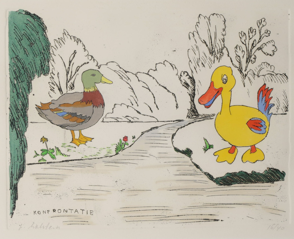 Pieter Holstein: Handgekleurde Ets, Konfrontatie - Ingelijst verkocht voor € 60!