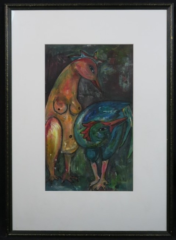 Franca Muller Jabusch: Gouache, Kippenpaar - Ingelijst verkocht voor € 60!