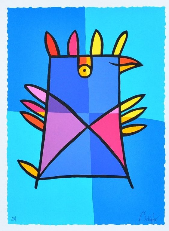 Jacqueline Schäfer, zeefdruk Vogel (blauw) kopen? Bied vanaf 1!