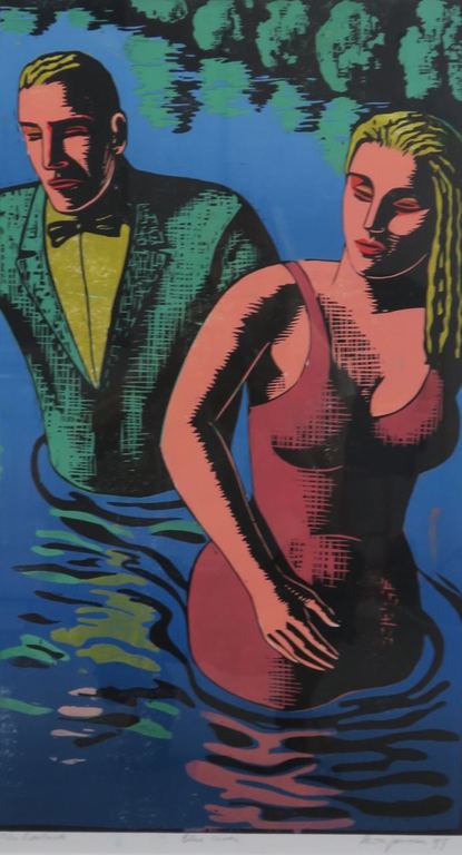 Leon Janssen: Houtsnede, Blue river - Ingelijst kopen? Bied vanaf 120!