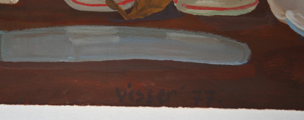 Hendrik Jan Visser - acrylverf op papier - stilleven met gedekte tafel - 1977 kopen? Bied vanaf 30!