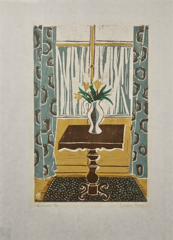 Jeanne Bieruma Oosting: Linosnede, Het tafeltje verkocht voor € 50!