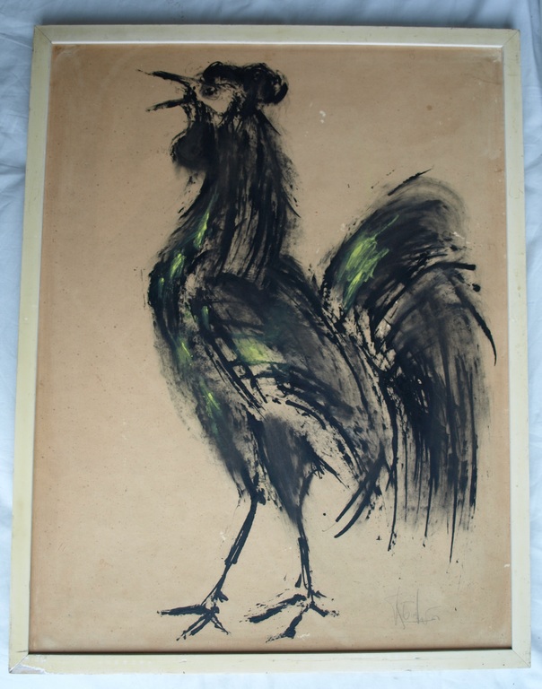 Onbekend : Gouache,  Haan - gesigneerd & ingelijst – ca 1950 verkocht voor € 65!