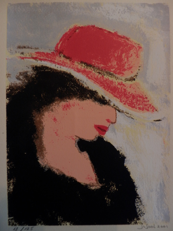 JOSE van GOOL   Zeefdruk   DAME MET RODE HOED  Handgesigneerd verkocht voor € 45!