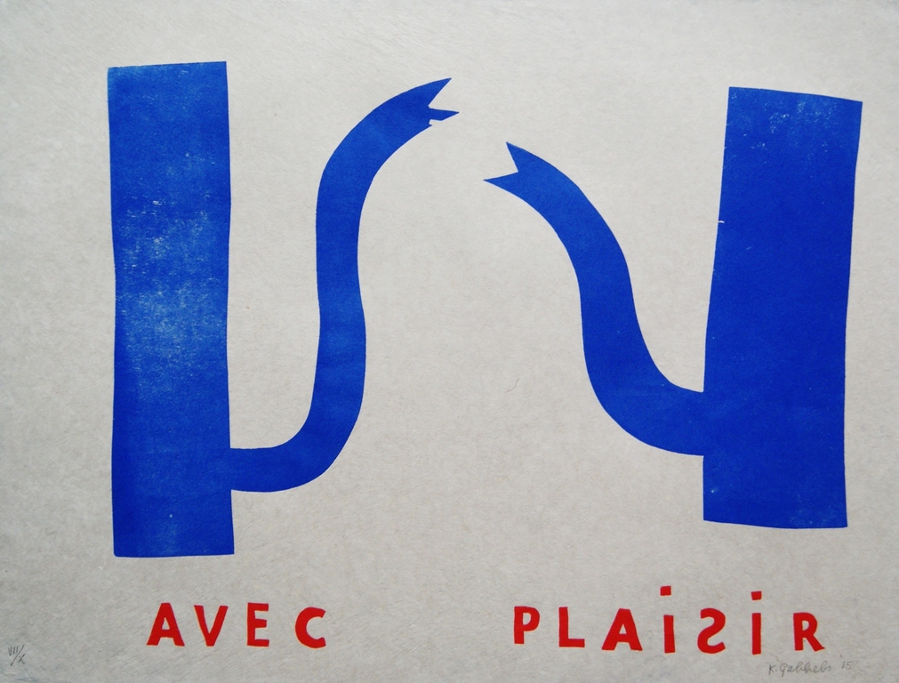 Klaas Gubbels grote houtdruk 'Avec Plaisir' - 2015 - oplage X. verkocht voor € 575!