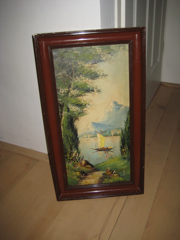 Onbekend : olieverf ,  landschap met bootje , lijkt Japans kopen? Bied vanaf 1!