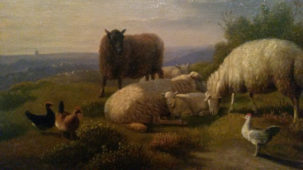 Franz van Severdonck, Schapen en kippen in weids landschap, olieverf op paneel kopen? Bied vanaf 595!
