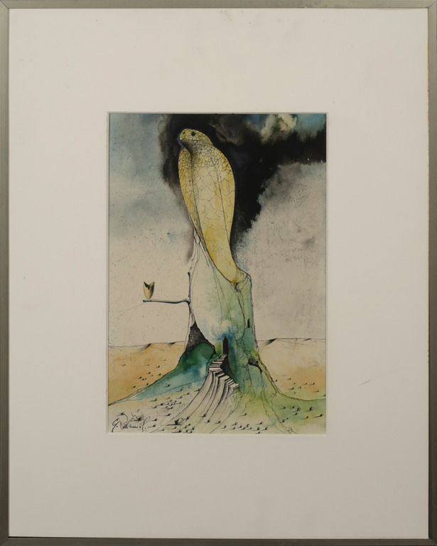 Giovanni Pelliccioli: Aquarel en inkt, Zonder titel - Ingelijst verkocht voor € 100!