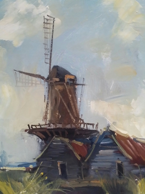 Jan Kelderman. Olieverf op doek. Molen en zeilschip bij Westzaan. kopen? Bied vanaf 59!