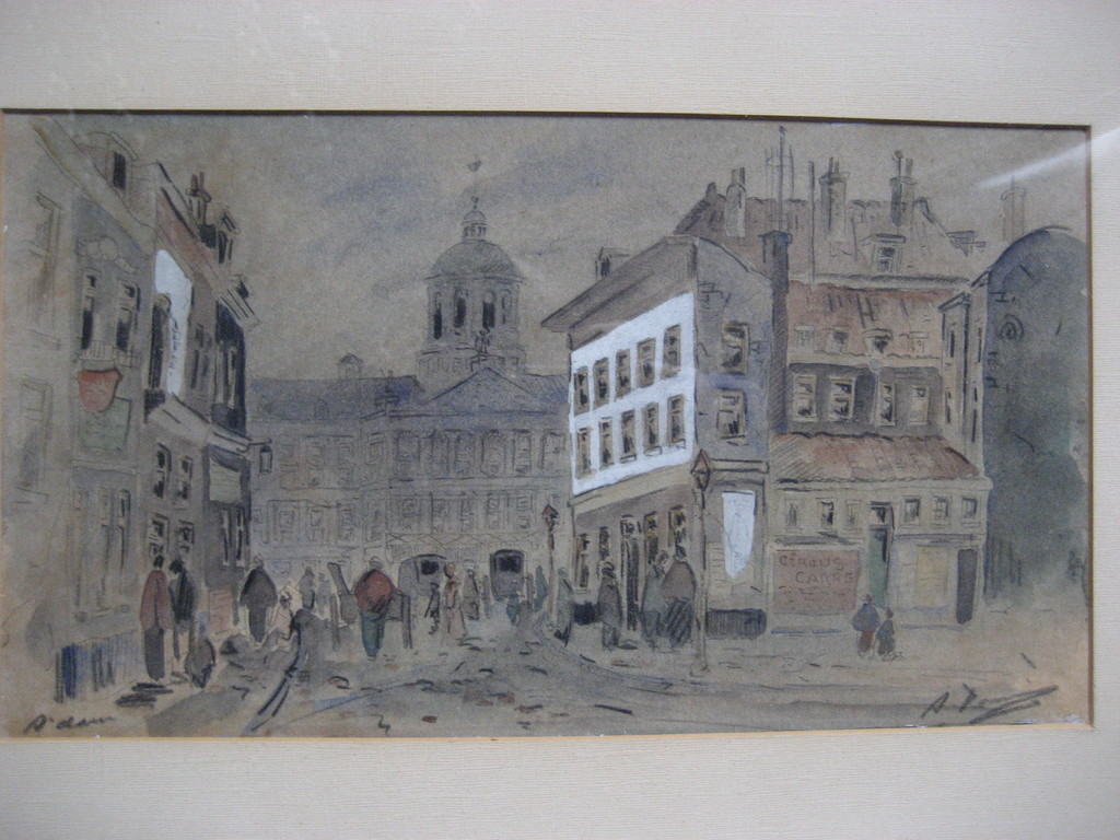 Kunstenaar onbekend - gesign. aquarel -  straatbeeld paleis op de Dam  ca 1880 verkocht voor € 120!