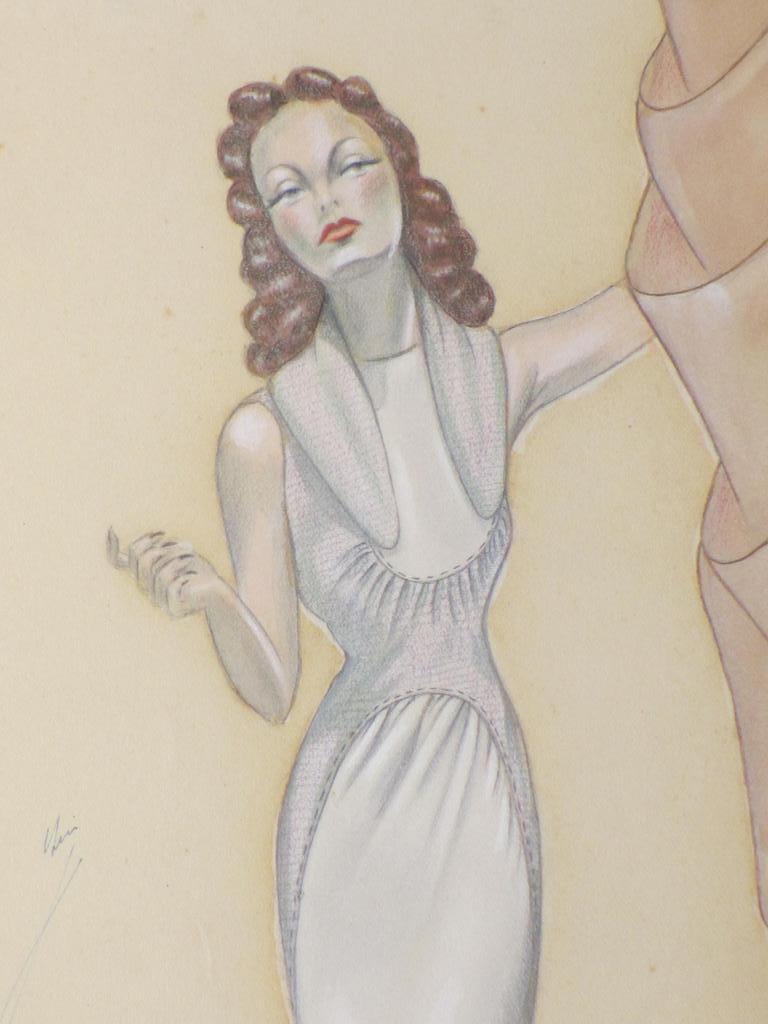 Leni Linthout, Model met krullend haar in witte jurk, Kleurtekening kopen? Bied vanaf 40!
