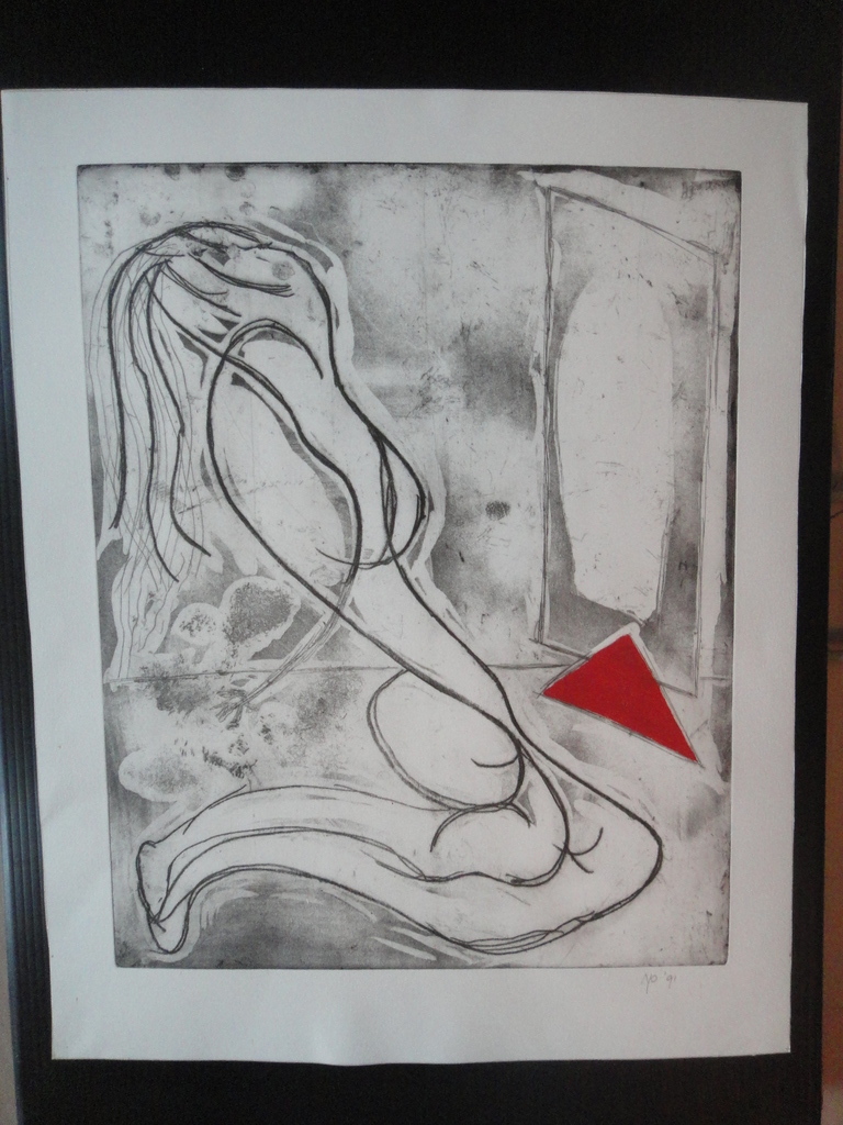 Onbekend, ets, figuratief naakt met rode driehoek kopen? Bied vanaf 1!