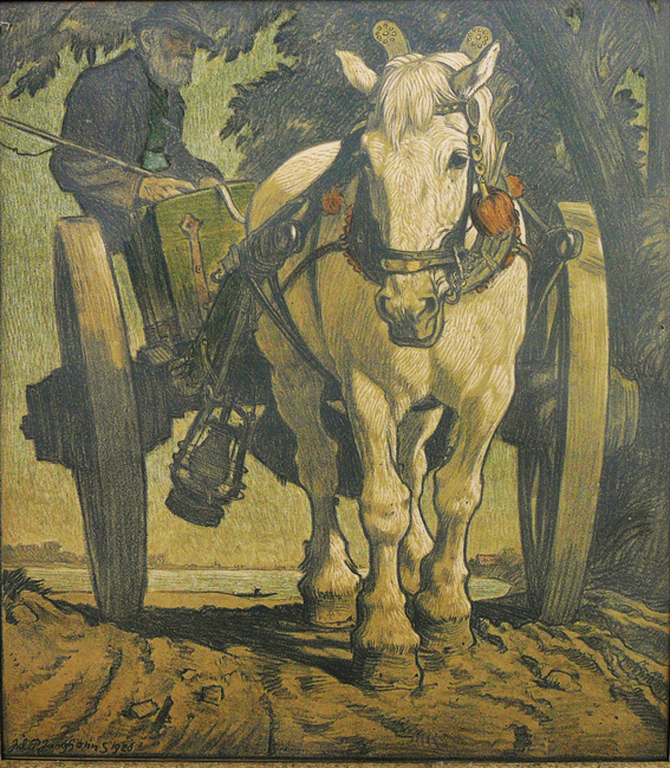 Paul Junghanns: Boer op paardenkar -lithografie 1920- verkocht voor € 60!