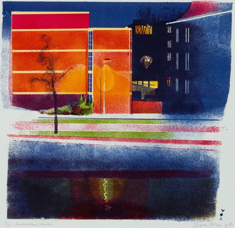 Els van Strien: Litho, Amsterdam bij nacht - Ingelijst kopen? Bied vanaf 35!