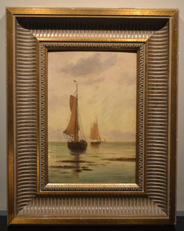 Haagse School: Olieverf op paneel, Bomschuiten op zee. verkocht voor € 85!