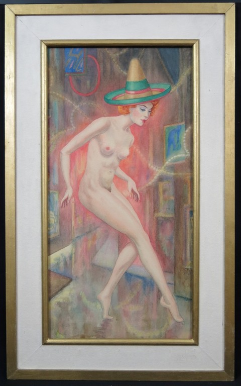 Jan Ph. A. de Vries: Aquarel, Naakte vrouw met hoed -Ingelijst kopen? Bied vanaf 75!