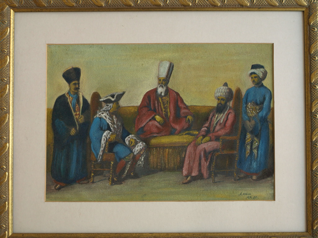 Onduidelijke signatuur : Pastel , Ontmoeting in de Oriënt – ingelijst  verkocht voor € 50!