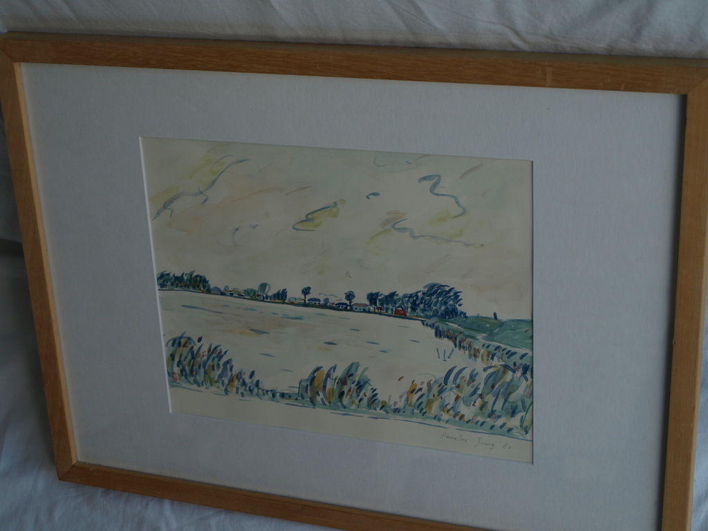 Anneke (Anne) Jung : Aquarel – Langs het IJsselmeer –gesigneerd & ingelijst–1980 kopen? Bied vanaf 1!