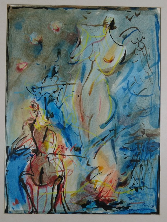 Onbekend gesigneerd: Gemende techniek met o.a. aquarel, Figuur met cello kopen? Bied vanaf 1!