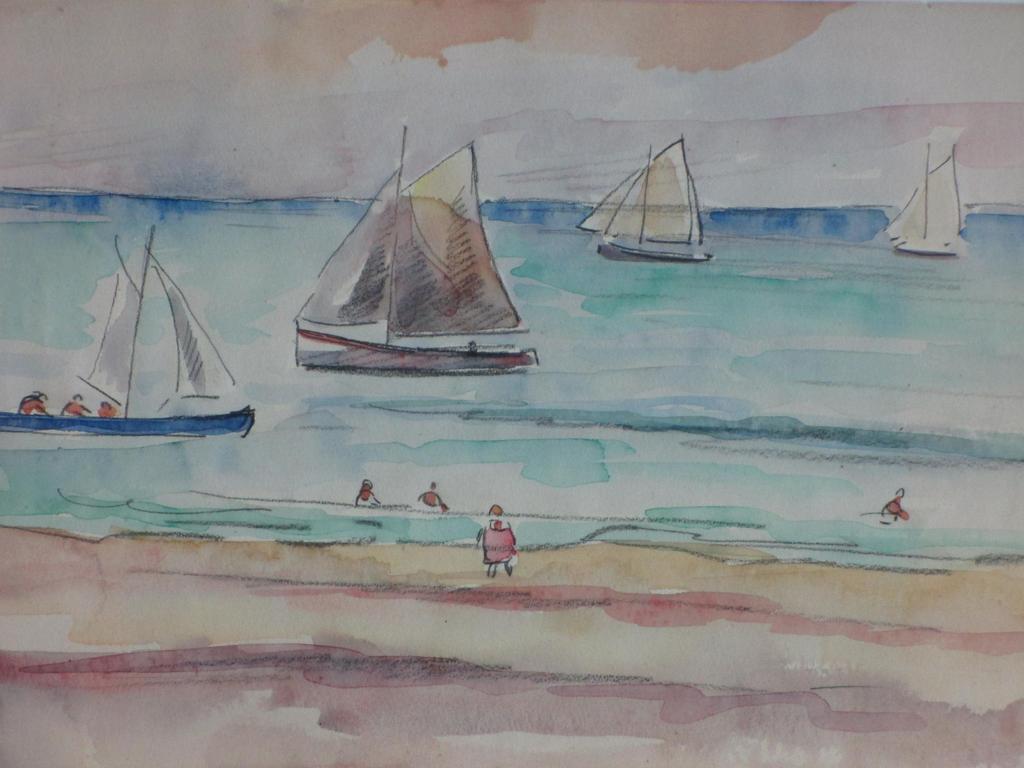 Han Krug, Strandplezier, Aquarel/potlood verkocht voor € 35!